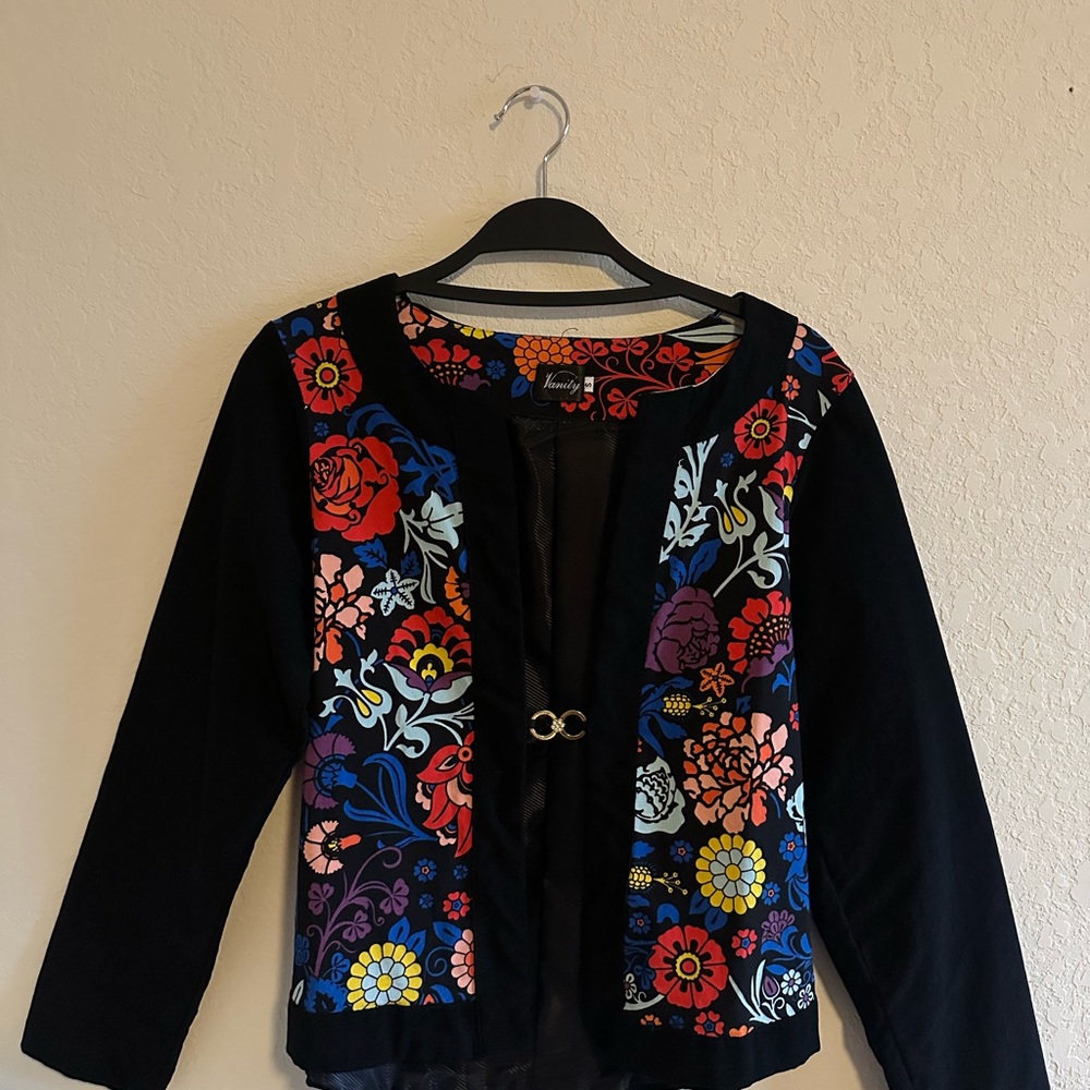 Black Cardigan with Vibrant Floral Design